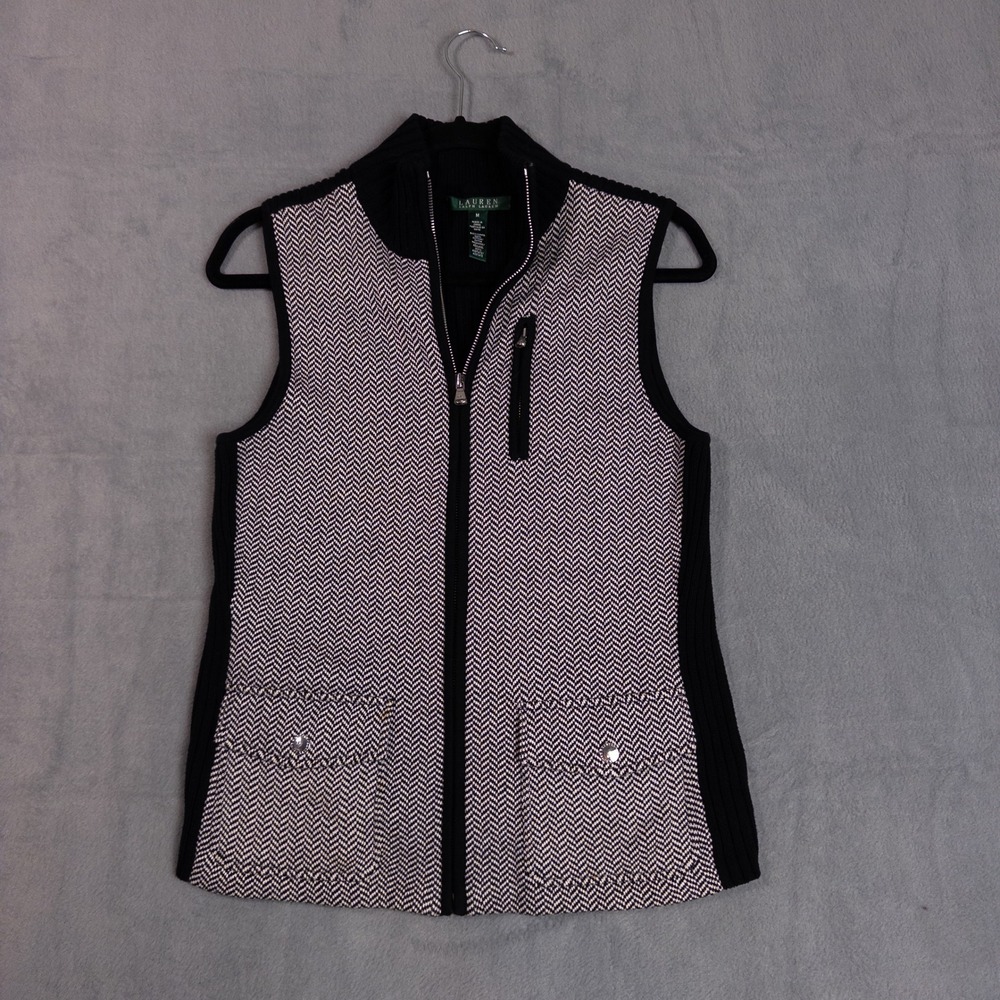 Lauren Ralph Lauren Sweater Vest Womens Medium Black Herringbone Zip Up VGC